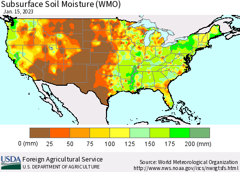 United States Subsurface Soil Moisture (WMO) Thematic Map For 1/9/2023 - 1/15/2023