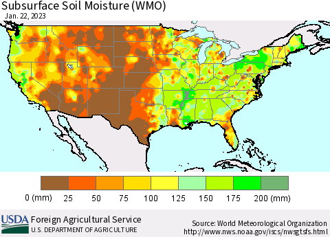 United States Subsurface Soil Moisture (WMO) Thematic Map For 1/16/2023 - 1/22/2023