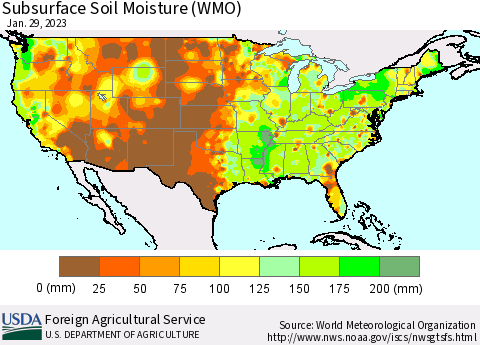 United States Subsurface Soil Moisture (WMO) Thematic Map For 1/23/2023 - 1/29/2023