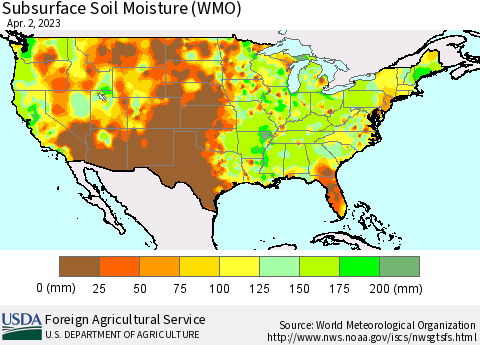 United States Subsurface Soil Moisture (WMO) Thematic Map For 3/27/2023 - 4/2/2023
