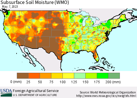 United States Subsurface Soil Moisture (WMO) Thematic Map For 5/1/2023 - 5/7/2023