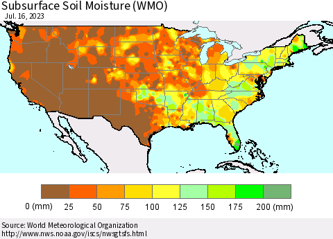 United States Subsurface Soil Moisture (WMO) Thematic Map For 7/10/2023 - 7/16/2023