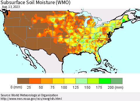 United States Subsurface Soil Moisture (WMO) Thematic Map For 8/7/2023 - 8/13/2023