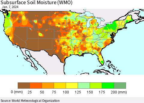 United States Subsurface Soil Moisture (WMO) Thematic Map For 1/1/2024 - 1/7/2024