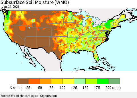 United States Subsurface Soil Moisture (WMO) Thematic Map For 1/8/2024 - 1/14/2024