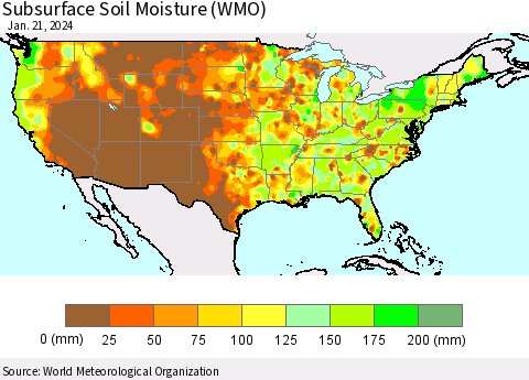 United States Subsurface Soil Moisture (WMO) Thematic Map For 1/15/2024 - 1/21/2024