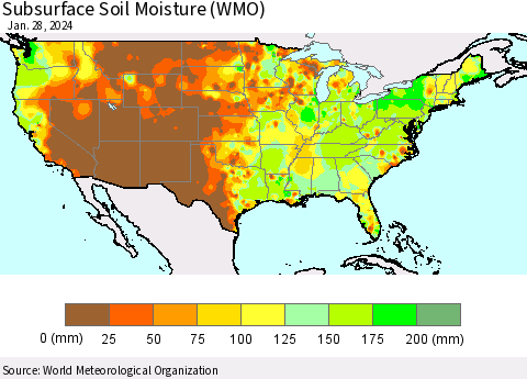 United States Subsurface Soil Moisture (WMO) Thematic Map For 1/22/2024 - 1/28/2024