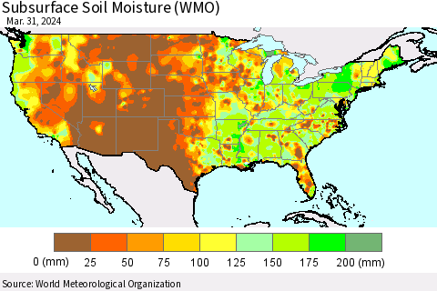 United States Subsurface Soil Moisture (WMO) Thematic Map For 3/25/2024 - 3/31/2024