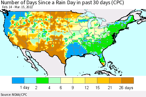 United States Number of Days Since a Rain Day in past 30 days (CPC) Thematic Map For 3/11/2022 - 3/15/2022