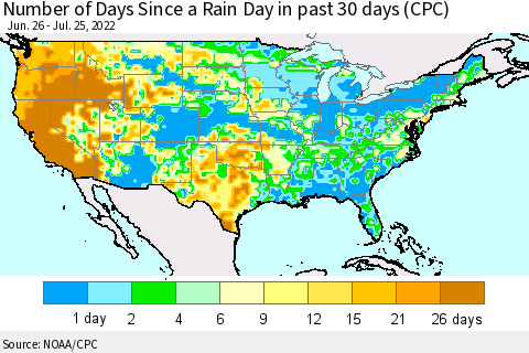 United States Number of Days Since a Rain Day in past 30 days (CPC) Thematic Map For 7/21/2022 - 7/25/2022