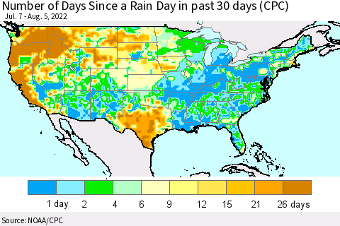United States Number of Days Since a Rain Day in past 30 days (CPC) Thematic Map For 8/1/2022 - 8/5/2022