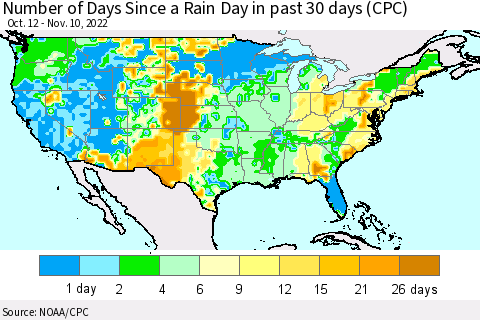 United States Number of Days Since a Rain Day in past 30 days (CPC) Thematic Map For 11/6/2022 - 11/10/2022