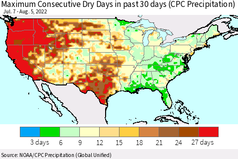 United States Maximum Consecutive Dry Days in past 30 days (CPC Precipitation) Thematic Map For 8/1/2022 - 8/5/2022