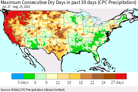 United States Maximum Consecutive Dry Days in past 30 days (CPC Precipitation) Thematic Map For 8/21/2022 - 8/25/2022