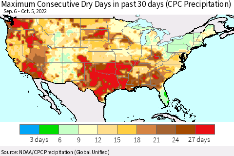 United States Maximum Consecutive Dry Days in past 30 days (CPC Precipitation) Thematic Map For 10/1/2022 - 10/5/2022