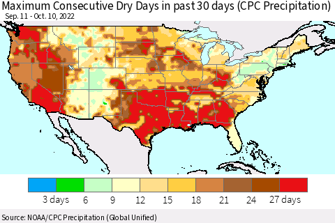 United States Maximum Consecutive Dry Days in past 30 days (CPC Precipitation) Thematic Map For 10/6/2022 - 10/10/2022