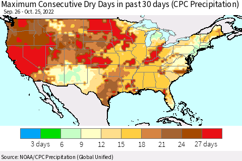 United States Maximum Consecutive Dry Days in past 30 days (CPC Precipitation) Thematic Map For 10/21/2022 - 10/25/2022