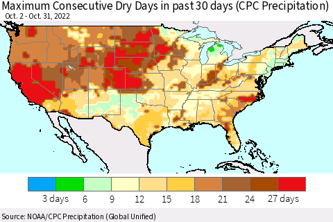 United States Maximum Consecutive Dry Days in past 30 days (CPC Precipitation) Thematic Map For 10/26/2022 - 10/31/2022