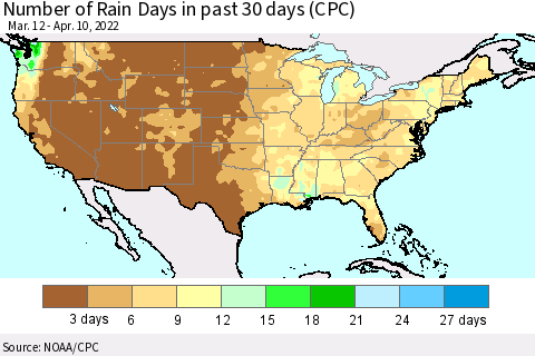 United States Number of Rain Days in past 30 days (CPC) Thematic Map For 4/6/2022 - 4/10/2022