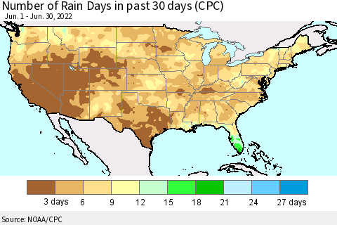 United States Number of Rain Days in past 30 days (CPC) Thematic Map For 6/26/2022 - 6/30/2022