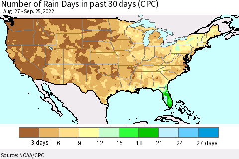 United States Number of Rain Days in past 30 days (CPC) Thematic Map For 9/21/2022 - 9/25/2022