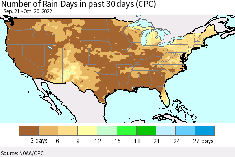 United States Number of Rain Days in past 30 days (CPC) Thematic Map For 10/16/2022 - 10/20/2022