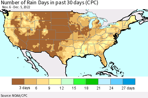 United States Number of Rain Days in past 30 days (CPC) Thematic Map For 12/1/2022 - 12/5/2022