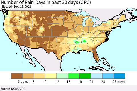 United States Number of Rain Days in past 30 days (CPC) Thematic Map For 12/11/2022 - 12/15/2022