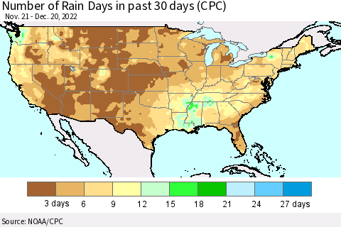 United States Number of Rain Days in past 30 days (CPC) Thematic Map For 12/16/2022 - 12/20/2022