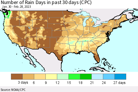 United States Number of Rain Days in past 30 days (CPC) Thematic Map For 2/26/2023 - 2/28/2023