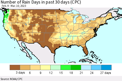 United States Number of Rain Days in past 30 days (CPC) Thematic Map For 3/6/2023 - 3/10/2023