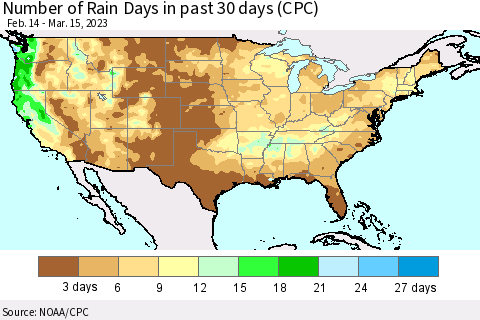 United States Number of Rain Days in past 30 days (CPC) Thematic Map For 3/11/2023 - 3/15/2023
