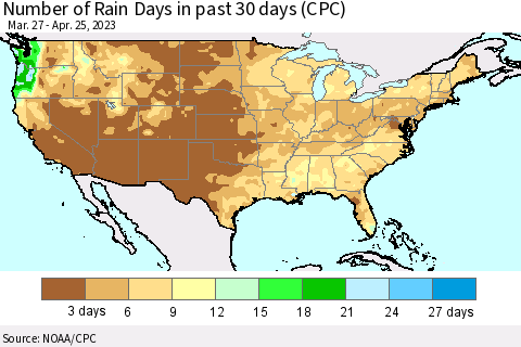 United States Number of Rain Days in past 30 days (CPC) Thematic Map For 4/21/2023 - 4/25/2023