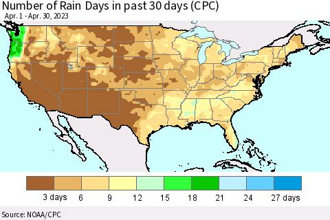 United States Number of Rain Days in past 30 days (CPC) Thematic Map For 4/26/2023 - 4/30/2023