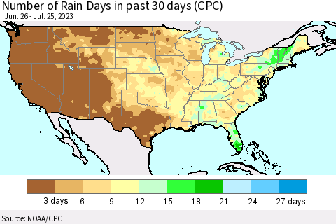 United States Number of Rain Days in past 30 days (CPC) Thematic Map For 7/21/2023 - 7/25/2023