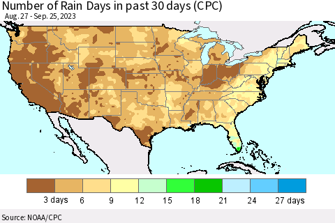 United States Number of Rain Days in past 30 days (CPC) Thematic Map For 9/21/2023 - 9/25/2023