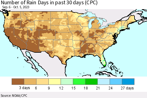 United States Number of Rain Days in past 30 days (CPC) Thematic Map For 10/1/2023 - 10/5/2023