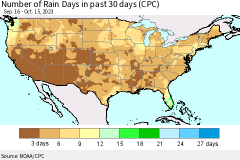 United States Number of Rain Days in past 30 days (CPC) Thematic Map For 10/11/2023 - 10/15/2023