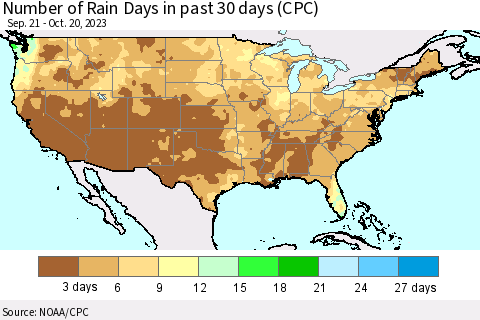 United States Number of Rain Days in past 30 days (CPC) Thematic Map For 10/16/2023 - 10/20/2023