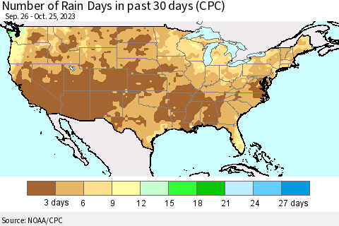 United States Number of Rain Days in past 30 days (CPC) Thematic Map For 10/21/2023 - 10/25/2023