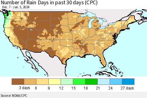 United States Number of Rain Days in past 30 days (CPC) Thematic Map For 1/1/2024 - 1/5/2024