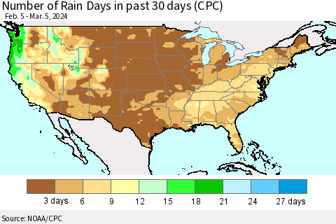 United States Number of Rain Days in past 30 days (CPC) Thematic Map For 3/1/2024 - 3/5/2024