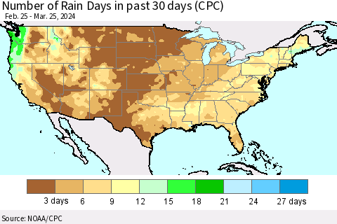 United States Number of Rain Days in past 30 days (CPC) Thematic Map For 3/21/2024 - 3/25/2024
