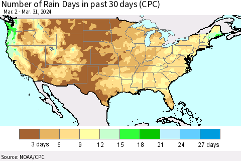 United States Number of Rain Days in past 30 days (CPC) Thematic Map For 3/26/2024 - 3/31/2024