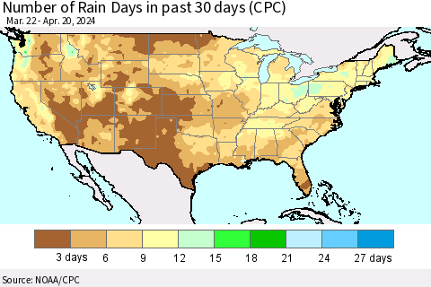 United States Number of Rain Days in past 30 days (CPC) Thematic Map For 4/16/2024 - 4/20/2024