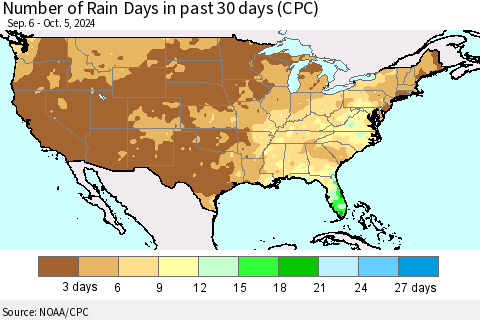 United States Number of Rain Days in past 30 days (CPC) Thematic Map For 10/1/2024 - 10/5/2024