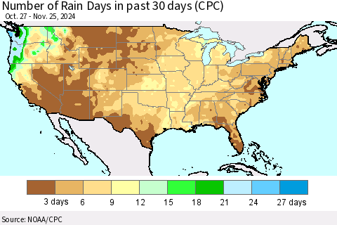United States Number of Rain Days in past 30 days (CPC) Thematic Map For 11/21/2024 - 11/25/2024