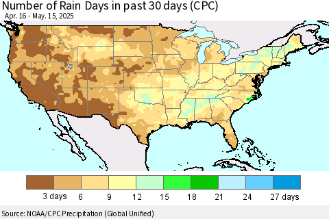 United States Number of Rain Days in past 30 days (CPC) Thematic Map For 5/11/2025 - 5/15/2025