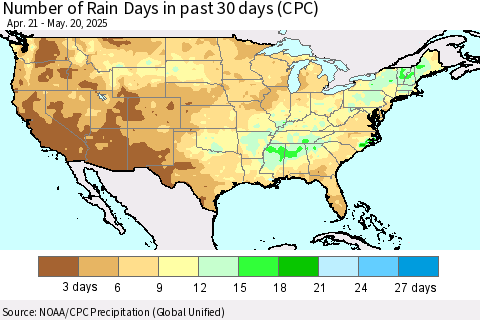 United States Number of Rain Days in past 30 days (CPC) Thematic Map For 5/16/2025 - 5/20/2025
