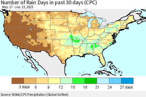 United States Number of Rain Days in past 30 days (CPC) Thematic Map For 6/11/2025 - 6/15/2025